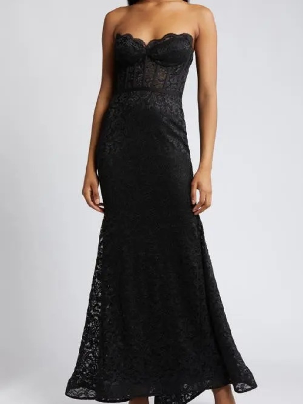 Morgan and Co Strapless Black Lace Evening Dress